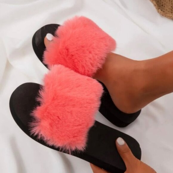 WATERMELON PINK FLUFFY SLIDE SLIPPERS - Picture 1 of 3